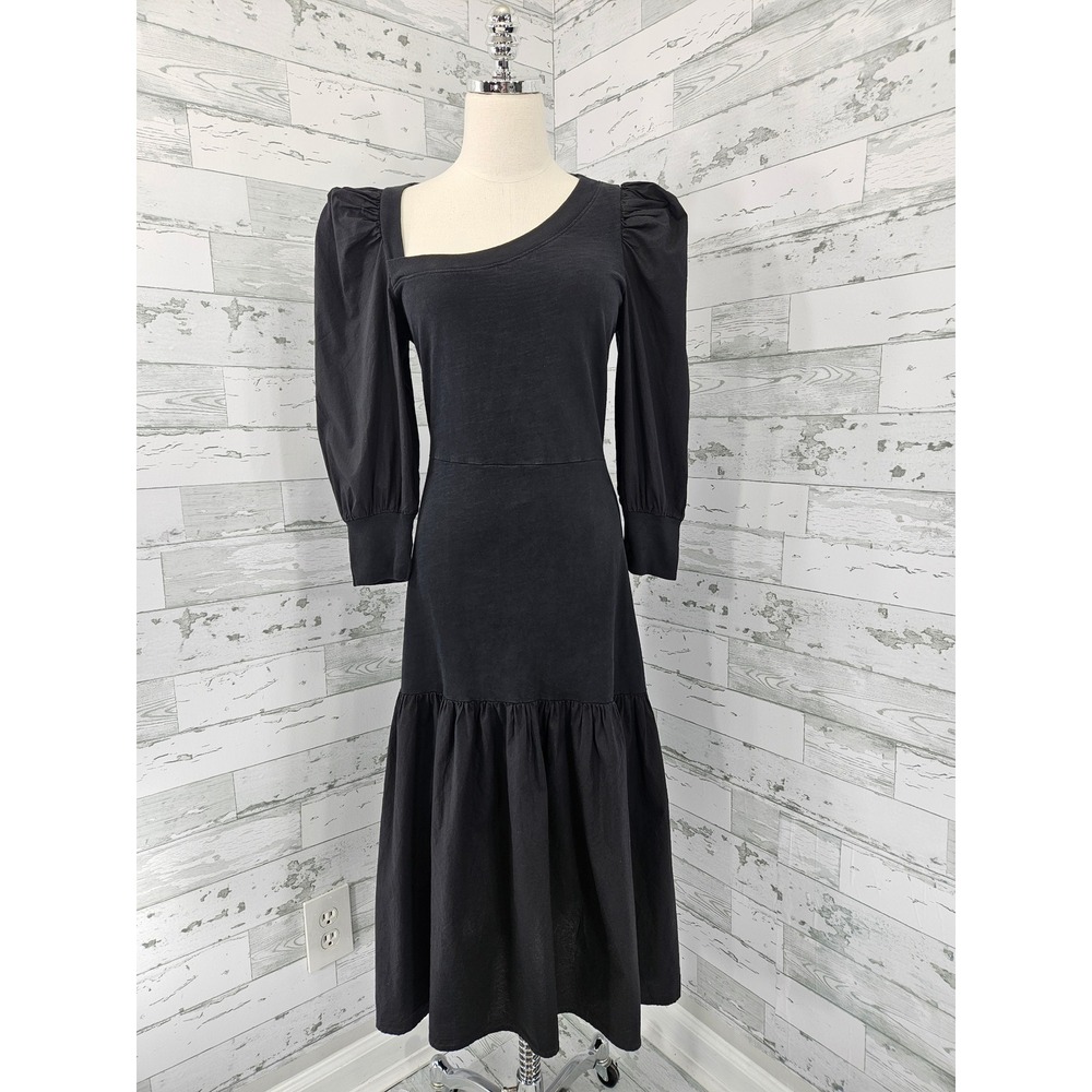 Nation LTD Black Cotton Asymmetrical Puff Sleeve Tiered Midi Dress Womens M